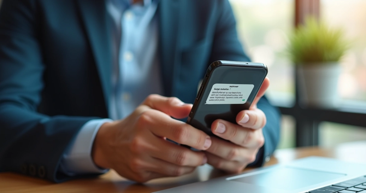 Pessoa enviando mensagem de negócios pelo WhatsApp em escritório 