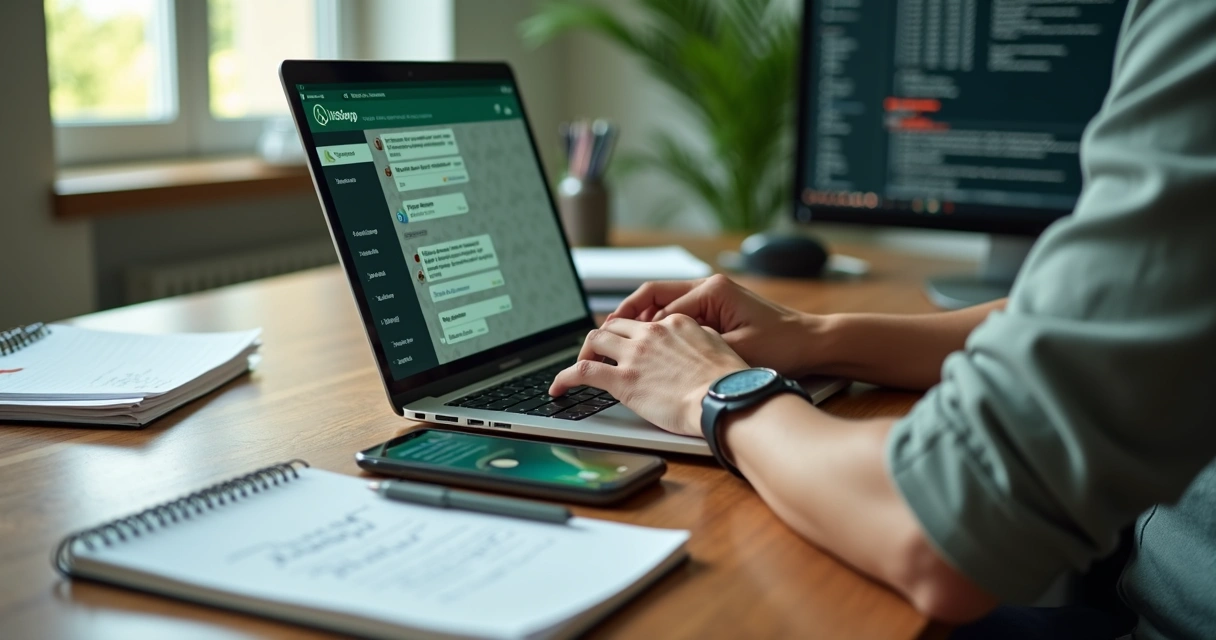 Profissional digitando roteiro de prospecção de serviços no WhatsApp em notebook com tela exibindo conversa 