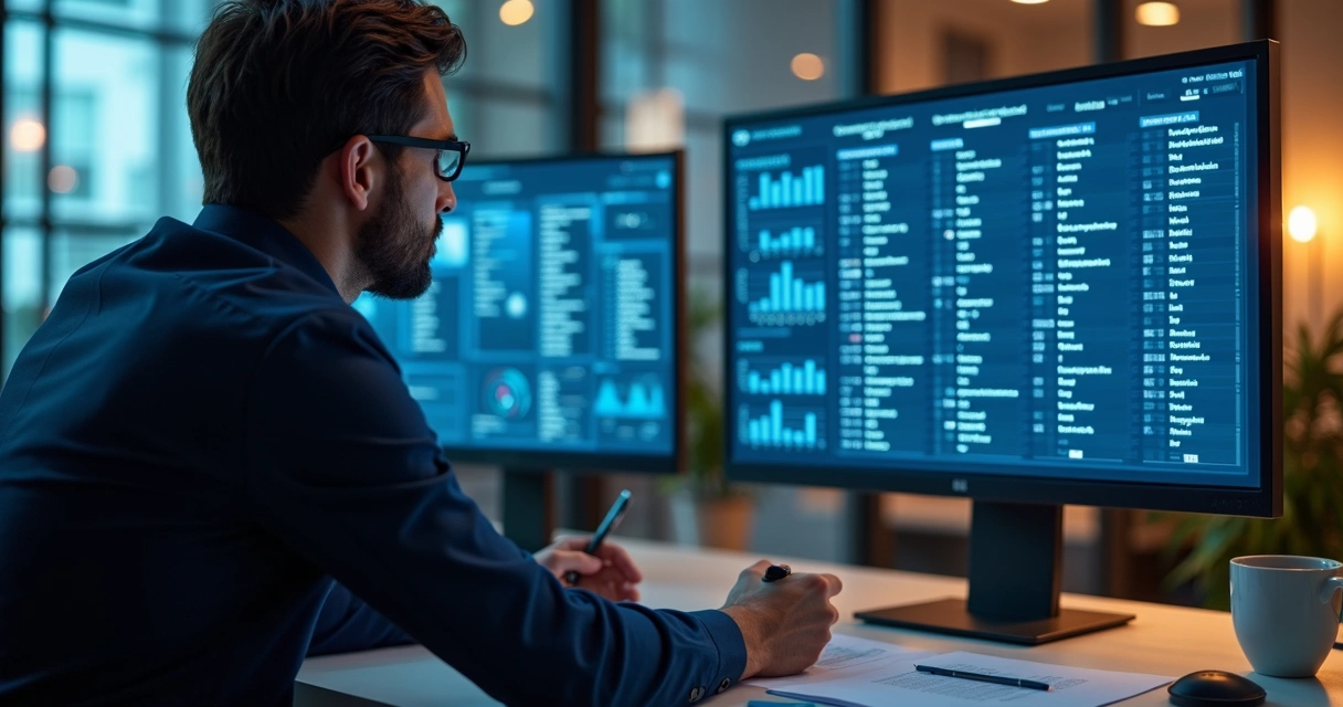 Profissional analisando lista de empresas na tela do computador 