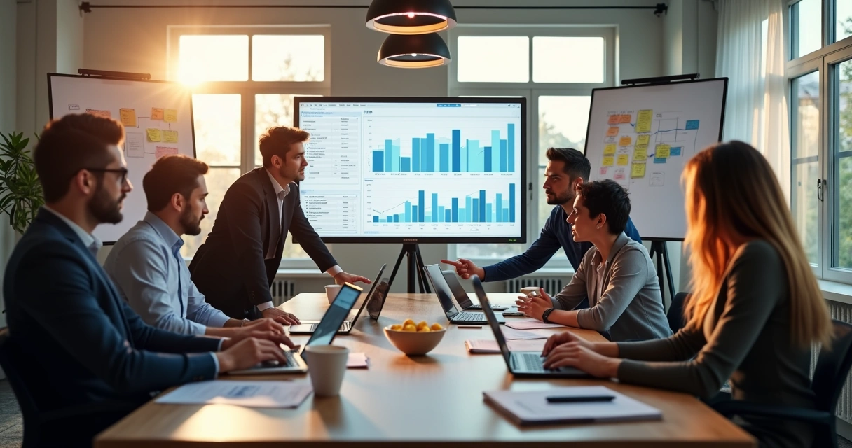 Equipe de vendas reunida analisando dados de prospecção ativa em telas digitais e anotando estratégias 