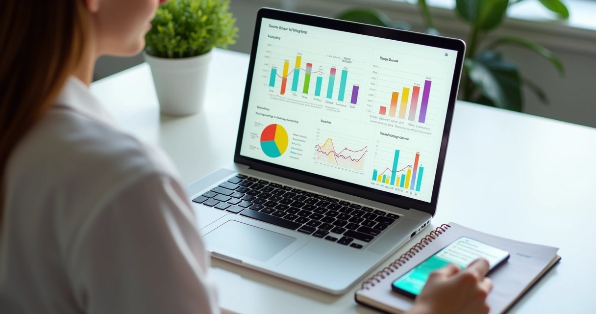 Pessoa analisando gráficos de vendas em notebook moderno 