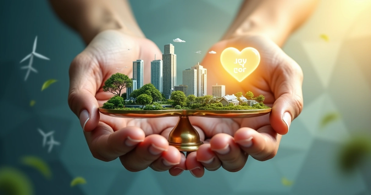 Manos sosteniendo ciudad verde sobre balanza de justicia 