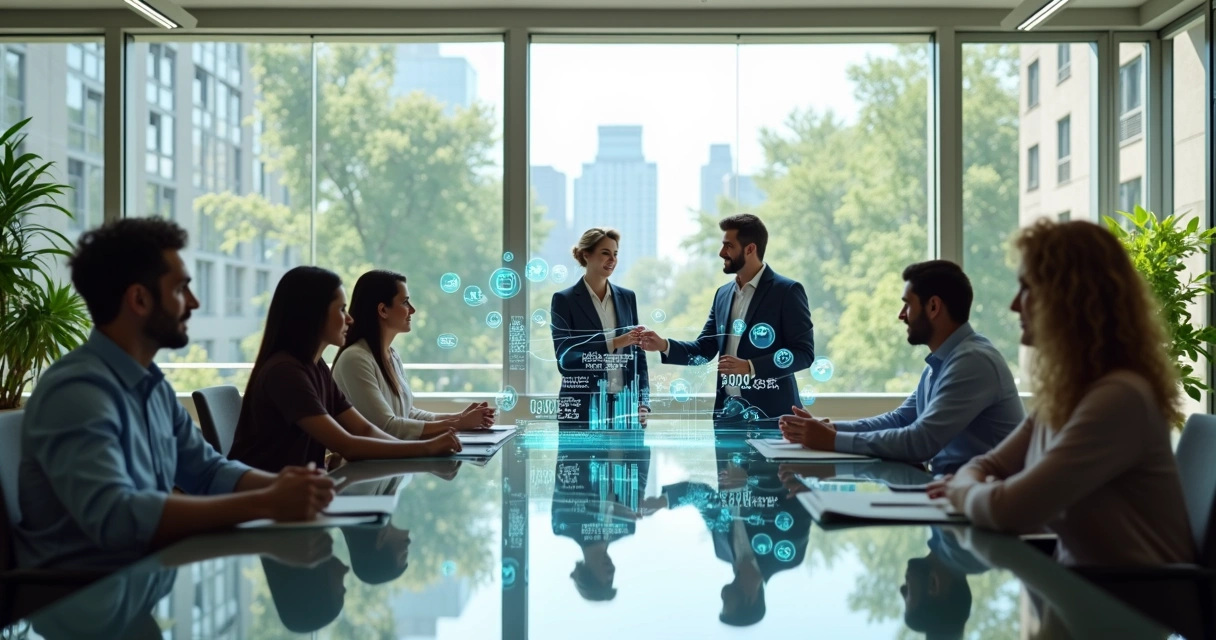 Equipo diverso en oficina moderna con datos y naturaleza integrados en pantalla 
