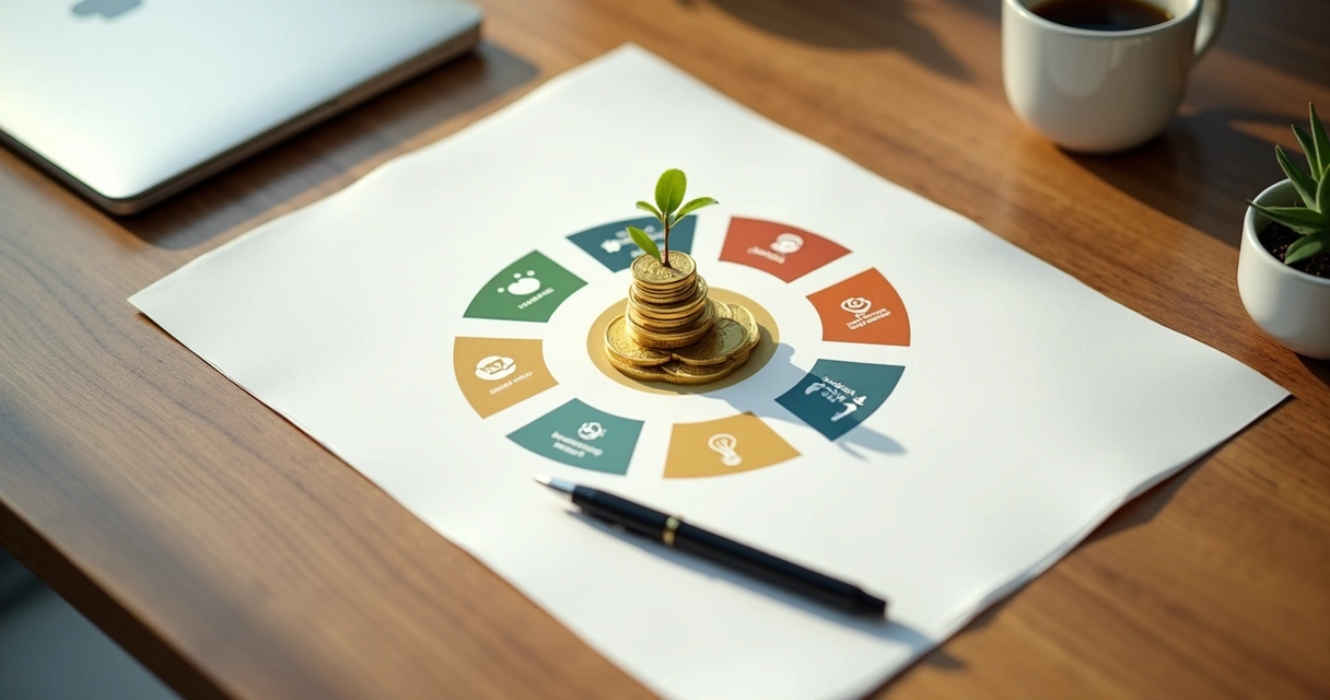 Gráfico com cinco ícones de prosperidade humana cercando uma árvore crescendo sobre moedas 