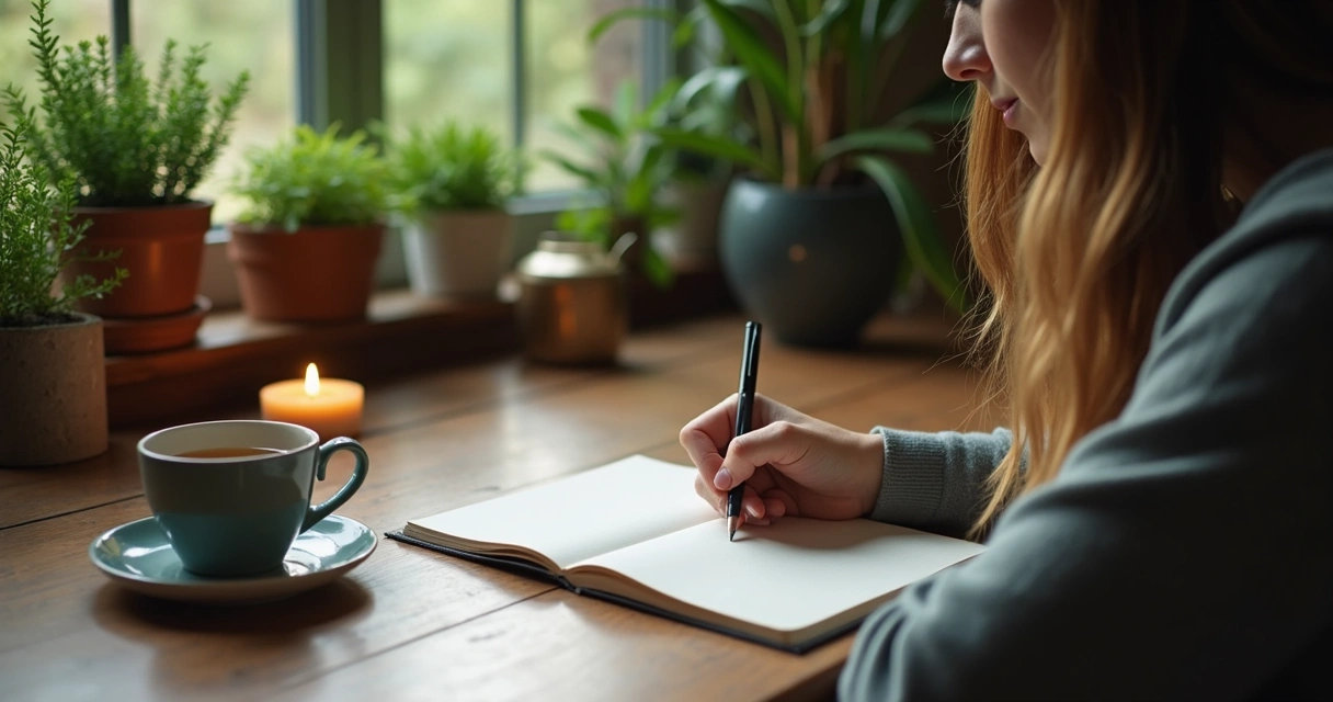 Pessoa escrevendo em diário com plantas e elementos de tranquilidade ao redor 