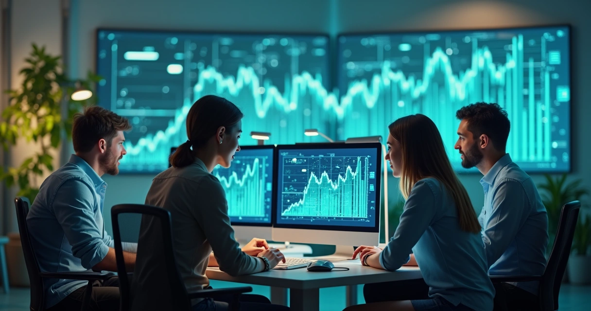 Rede de pessoas colaborando online com gráficos de valores positivos 