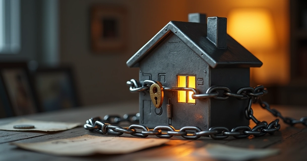 Cofre em forma de casa com luz interna bloqueada por correntes. 
