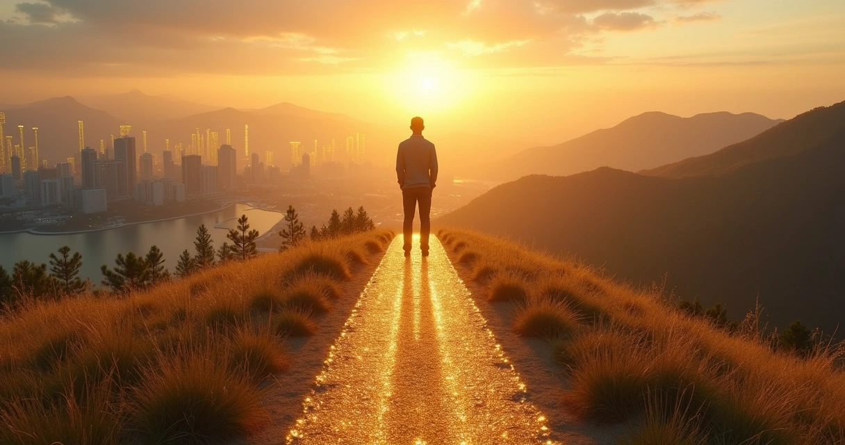 Pessoa em pé em encruzilhada entre caminho de dinheiro e caminho de propósito 