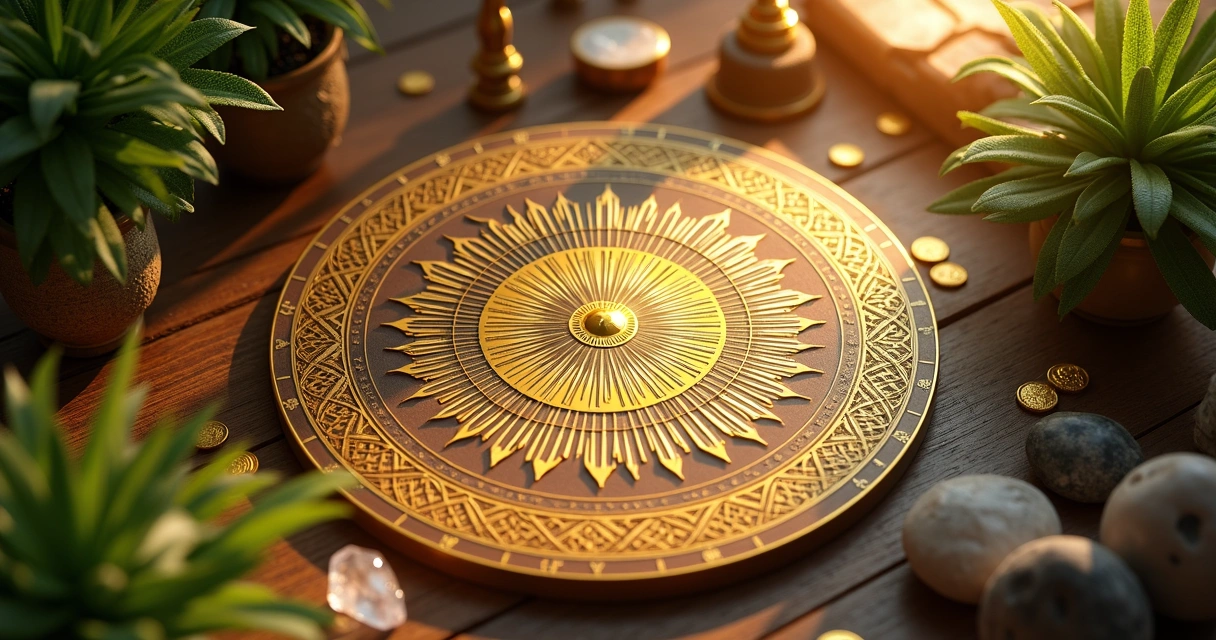 Mesa radiônica e brilho dourado simbolizando prosperidade 