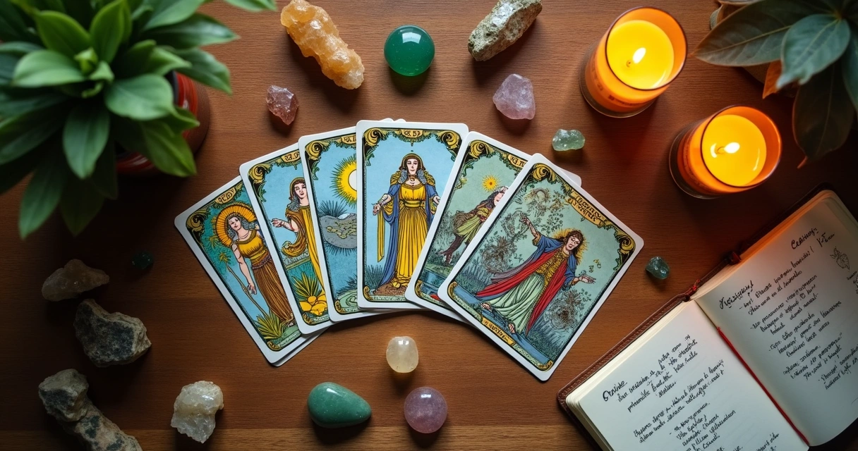 Mesa com cartas de tarot, cristais e velas acesas