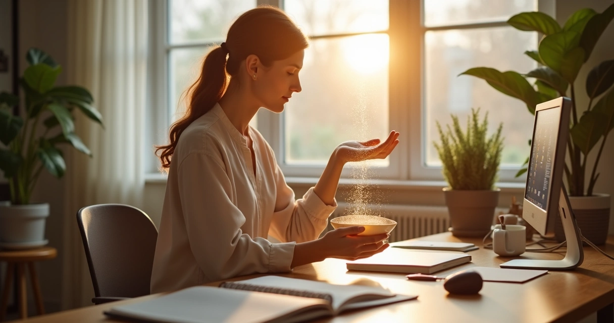 Pessoa realizando ritual energético com luz dourada em ambiente de trabalho 