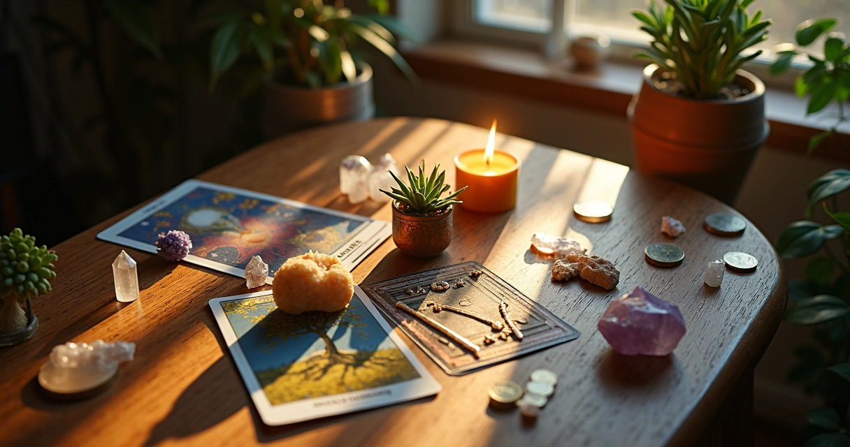 Mesa com cristais, cartas de tarot e vela acesa representando ritual de prosperidade