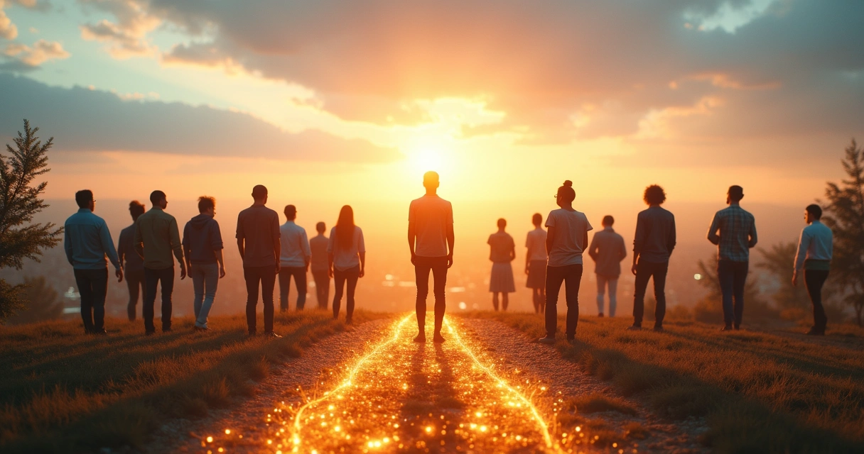 Pessoa em pé à frente de grupo em encruzilhada simbolizando protagonismo em mudanças pessoais e coletivas 