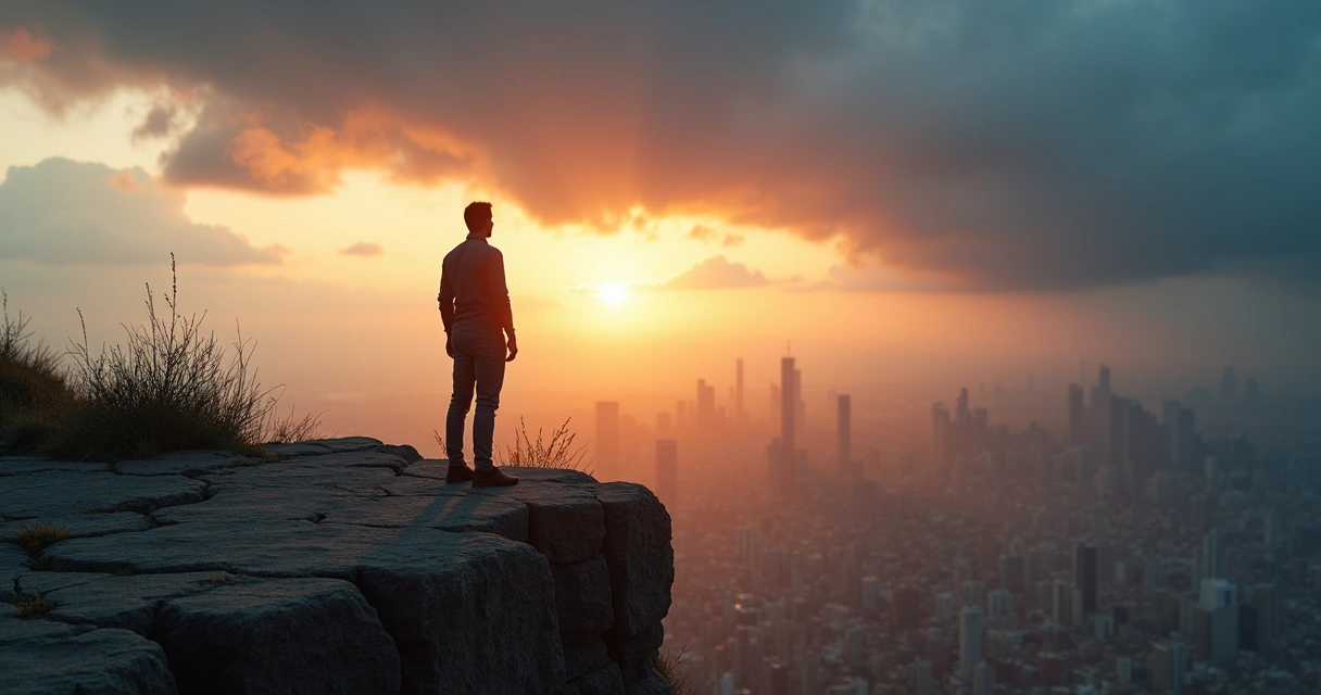 Pessoa em pé na beira de um penhasco olhando uma cidade ao pôr do sol 