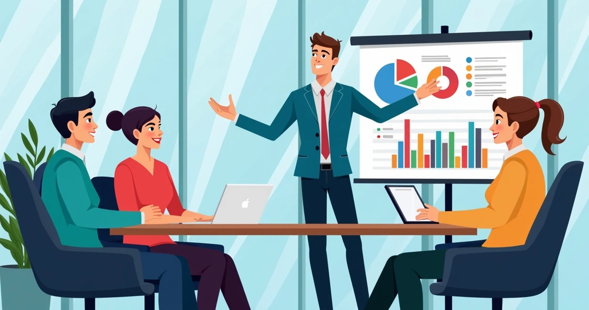 Colaborador liderando apresentação de um projeto importante no escritório. 