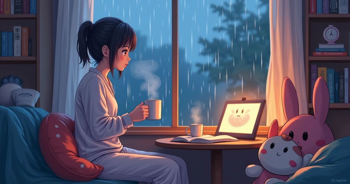 Pessoa tomando café em uma sala aconchegante com objetos de anime