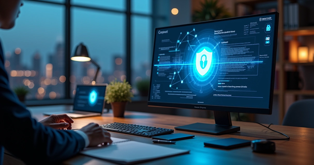 Analista em backoffice conferindo detalhe de assinatura eletrônica protegida por escudo digital 