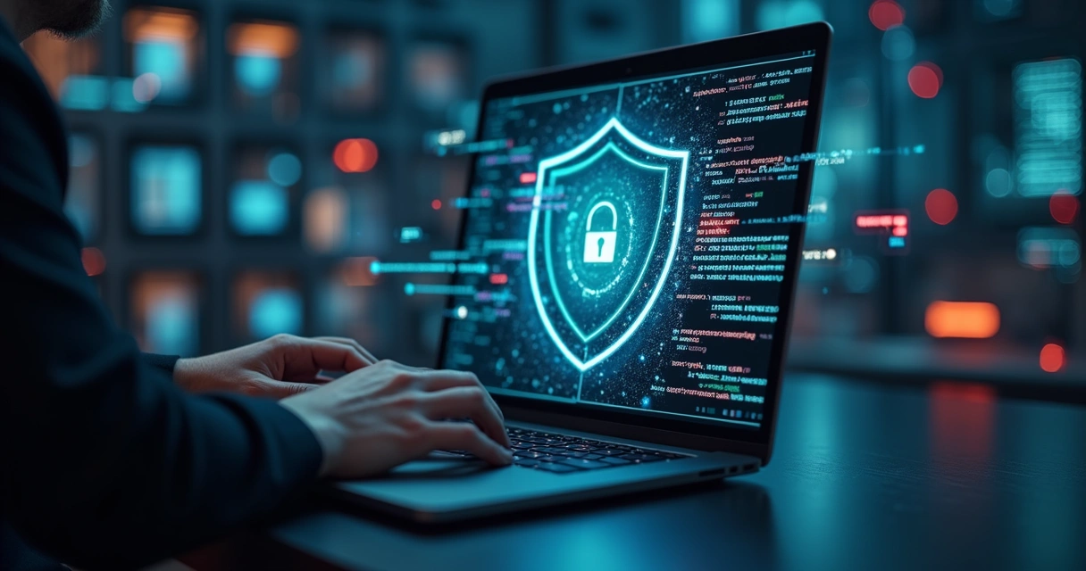 Usuário em frente ao notebook protegido por escudo digital contra ataques em chat de IA 