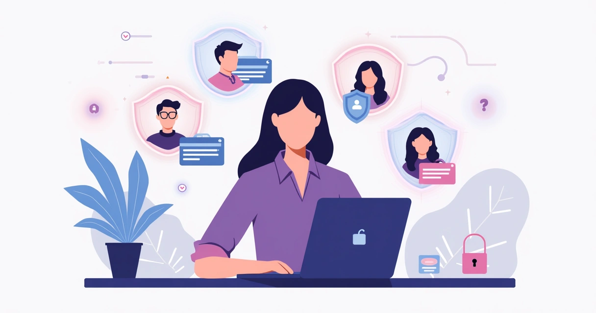 Ilustração corporativa plana mostrando uma mulher acessando um computador com ícones de fotos protegidas por escudo digital ao redor 