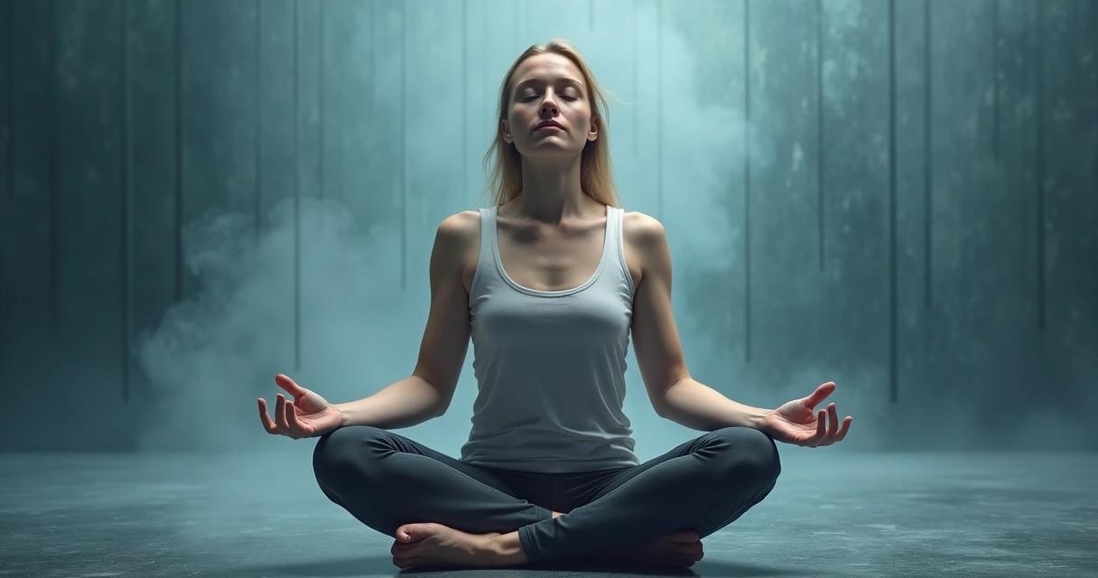 Pessoa sentada em posição de meditação, cercada por um fundo abstrato com cores frias e linhas que sugerem tensão 