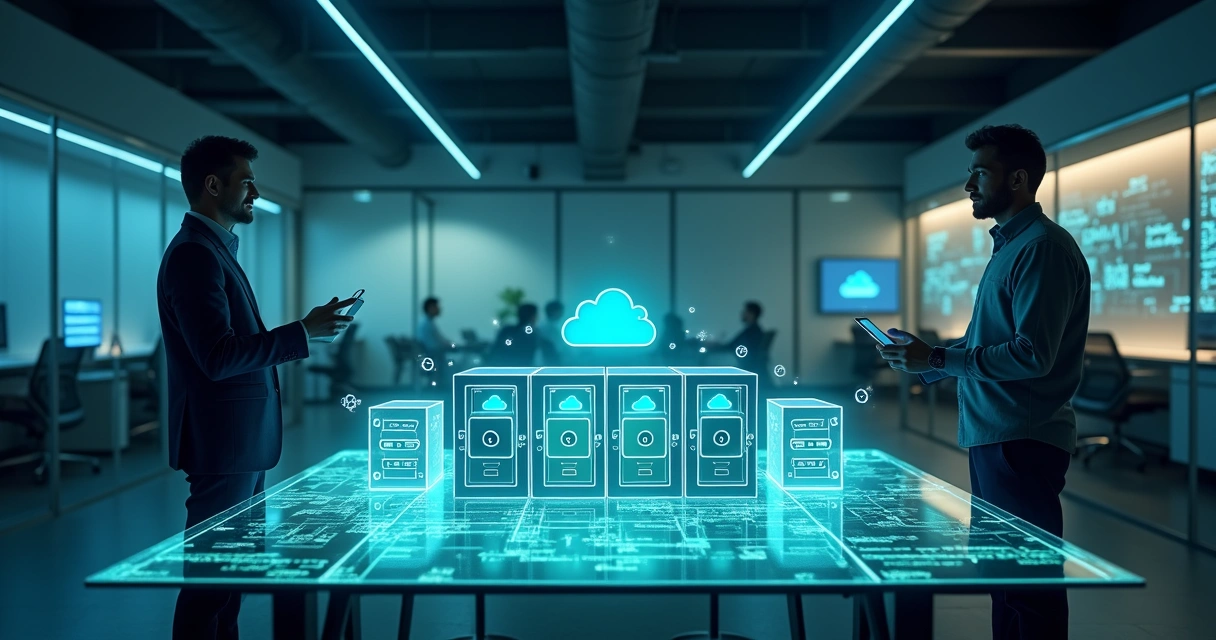 Equipe de pequena empresa protegendo dados em cofres digitais iluminados 