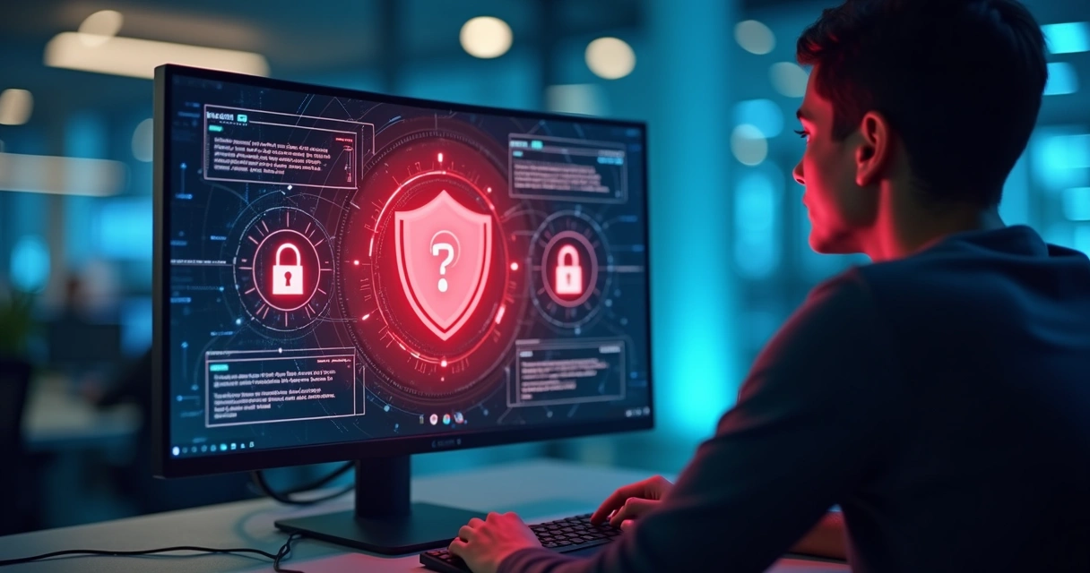 Tela de computador com alerta de segurança e gráficos digitais 
