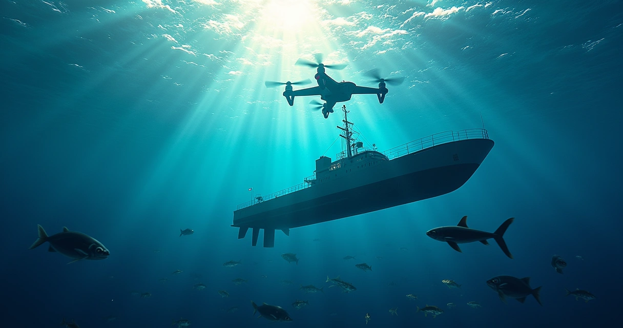 Cena subaquática com cabo submarino e drone da OTAN observando, simbolizando proteção e colaboração internacional.