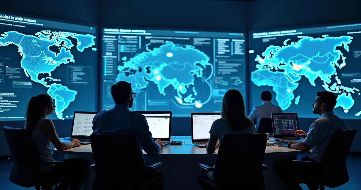 Equipe de TI analisando firewall de segurança em grandes telas digitais 