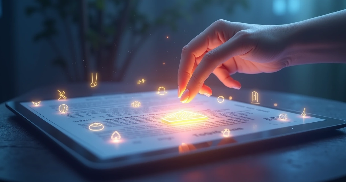 Símbolos místicos brilhando sobre documentos digitais protegidos em tela. 