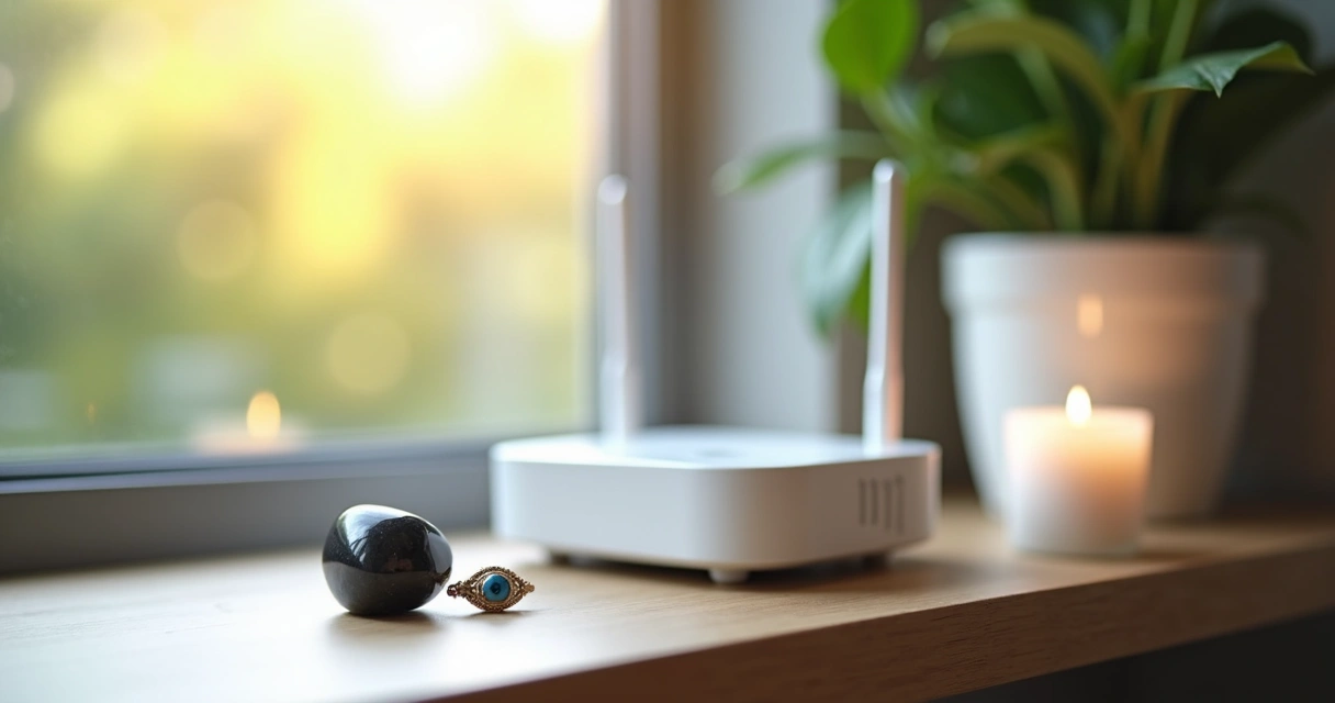 Turmalina negra, olho grego e cristais próximos a um roteador 