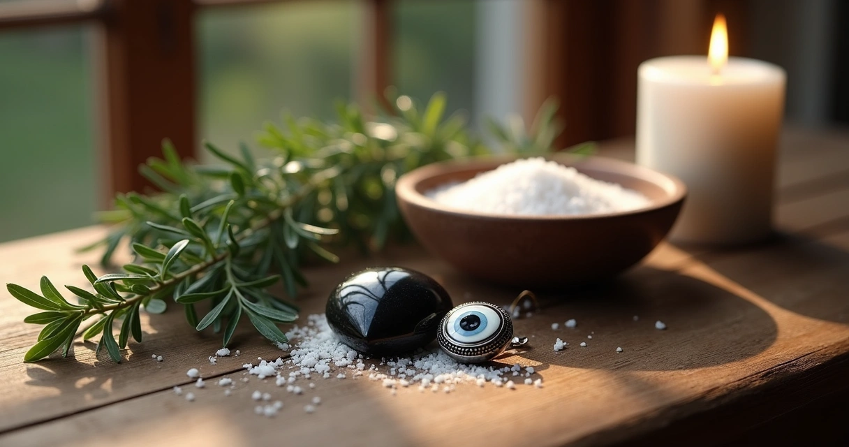 Mesa com amuletos de proteção, pedras, arruda e vela acesa 