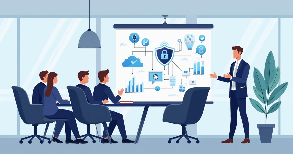 Consultor apresenta soluções de segurança para equipe executiva de uma empresa