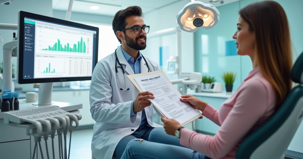 Dentista mostrando contrato de seguro em consultório moderno 