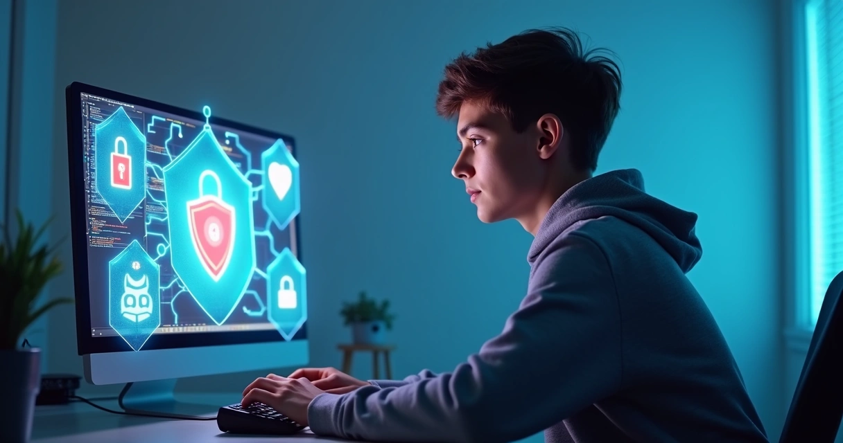 Jogador sentado diante do computador com proteção digital avançada 