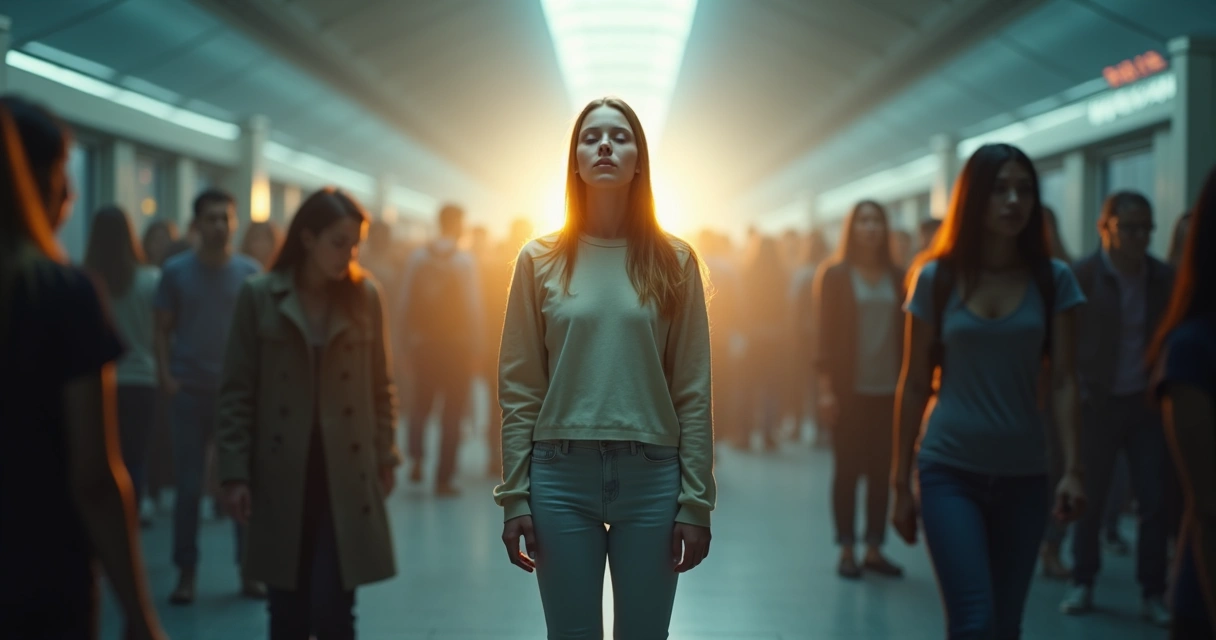 Pessoa em pé cercada por aura suave se protegendo de sombras ao redor 