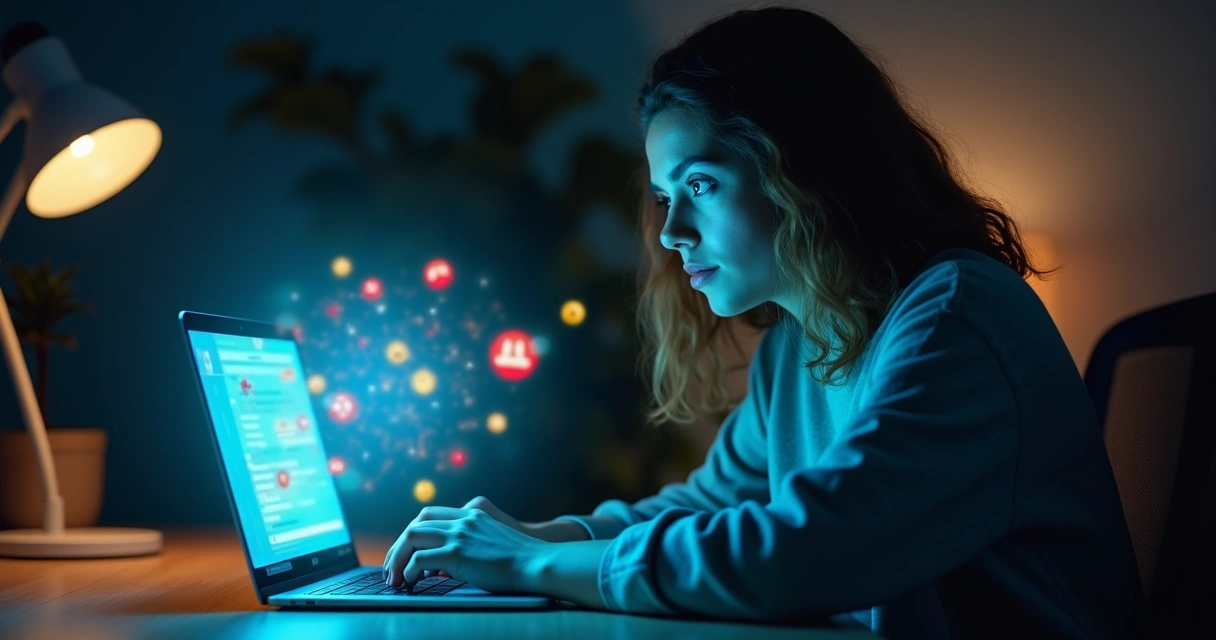 Pessoa usando notebook com escudo luminoso protegendo de ícones emocionais em rede social 