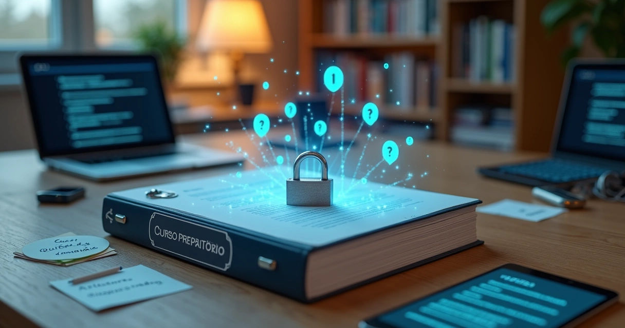 Pasta física de cursinho rodeada por ícones digitais de proteção 