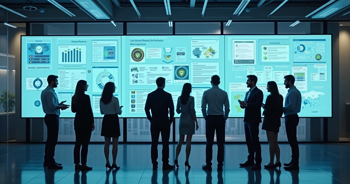 Equipe analisando painéis digitais para evitar fraudes em feedback e proteger dados 