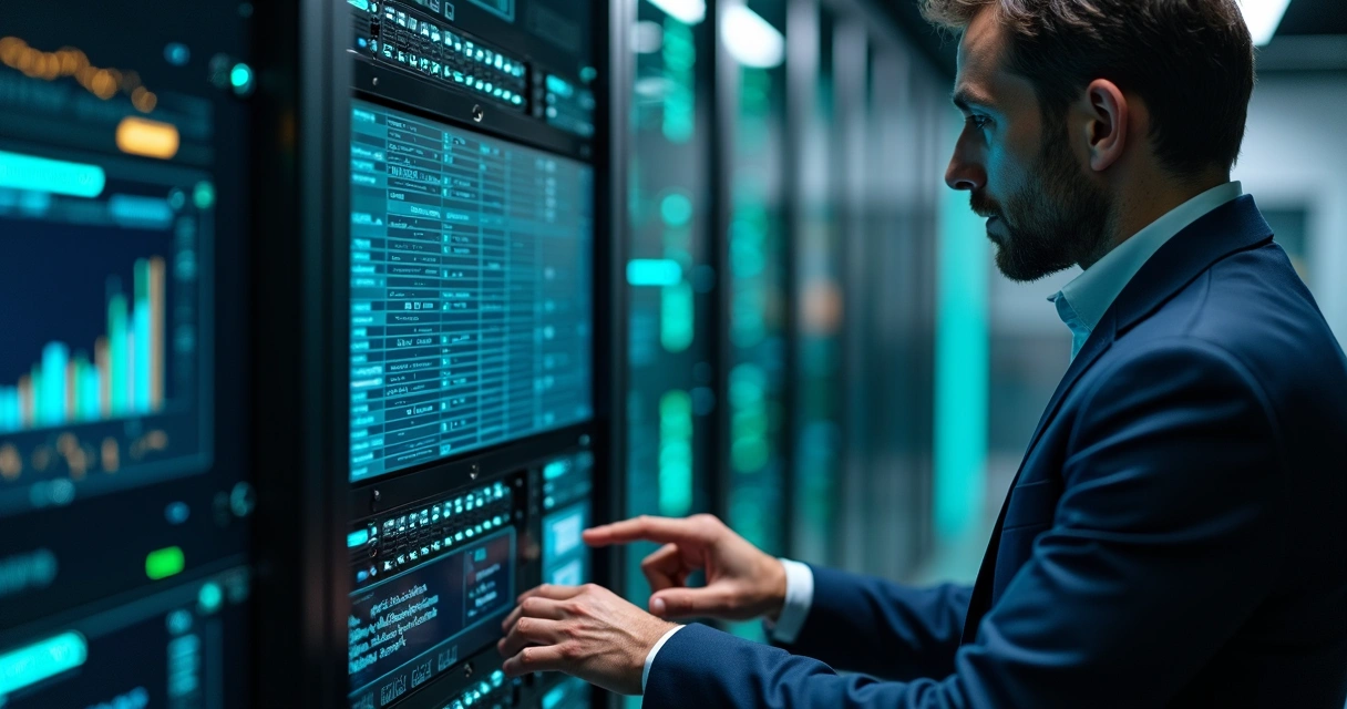 Profissional configurando sistema de proteção em servidor empresarial 