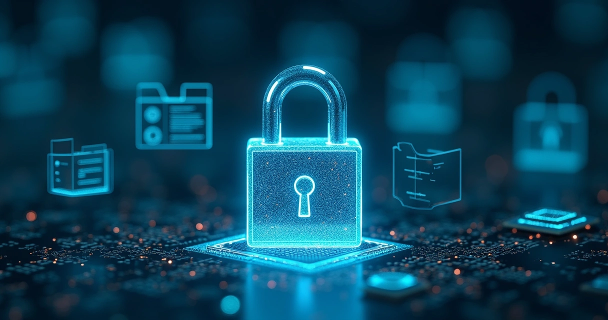 Cadeado digital diante de arquivos e chip representando criptografia de dados 