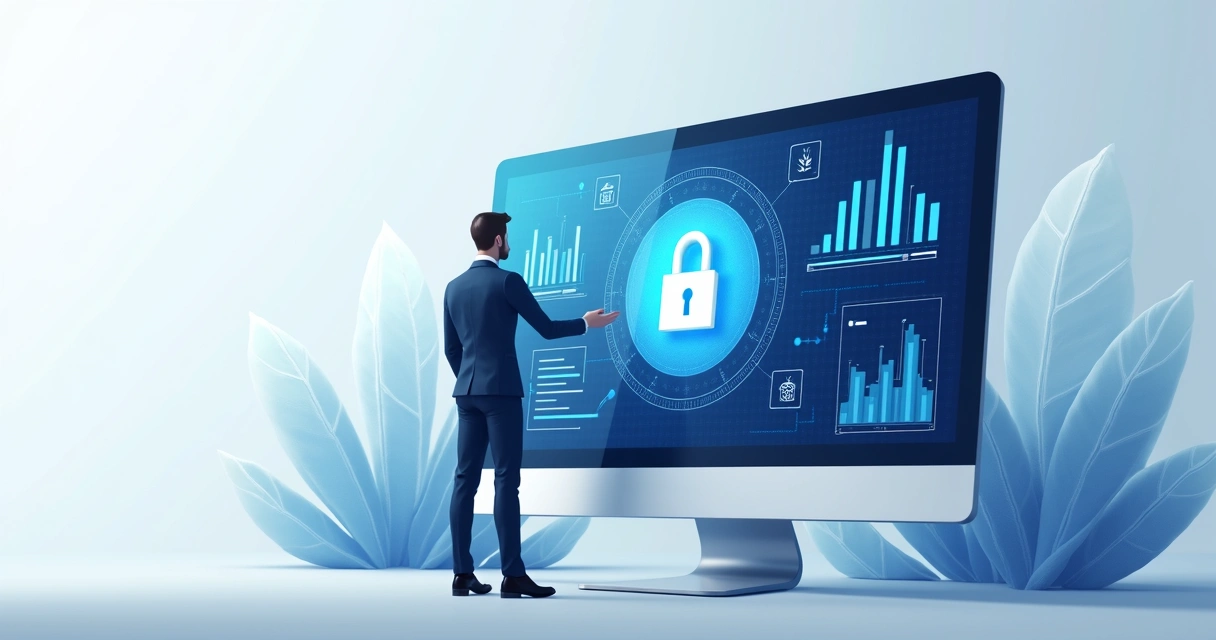 Painel digital mostrando cadeado, gráficos de segurança e atendente 