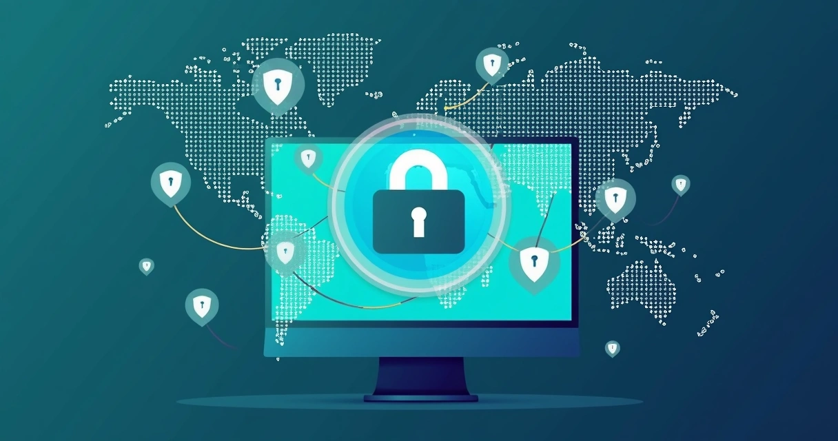 Tela de computador com cadeado e símbolos de dados, representando proteção de privacidade 