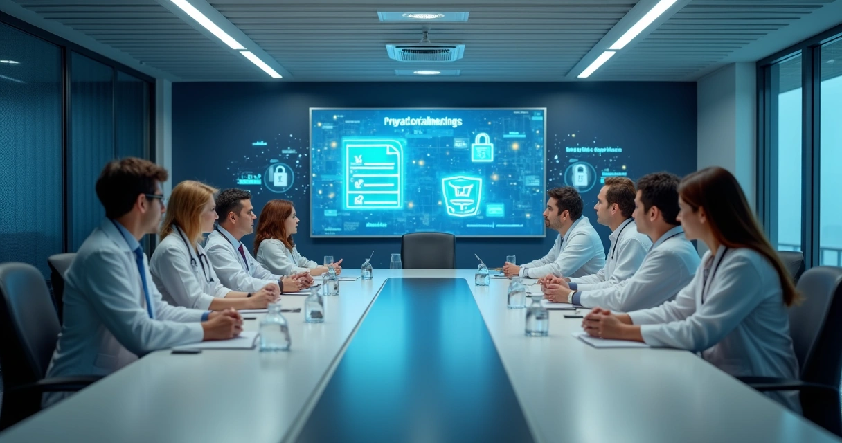 Equipe médica discutindo configurações de privacidade de dados em uma clínica moderna
