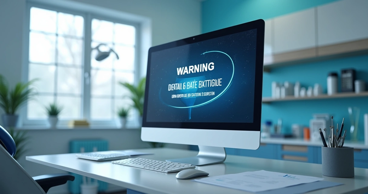 Computador em consultório odontológico com tela mostrando alerta de proteção de dados. 