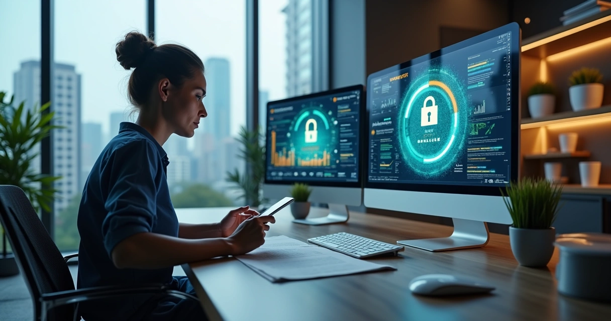 Gestor de RH verificando proteção de dados em computador com gráficos e cadeado digital na tela 