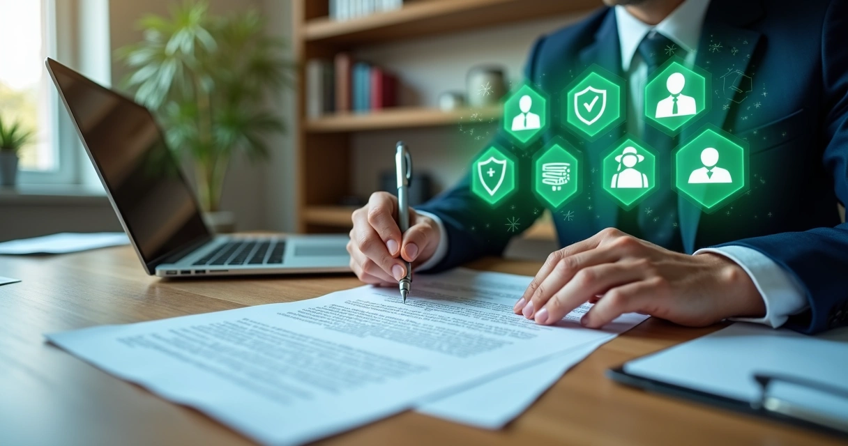 Profissional analisando contrato digital com ícones de proteção de dados e LGPD em destaque 