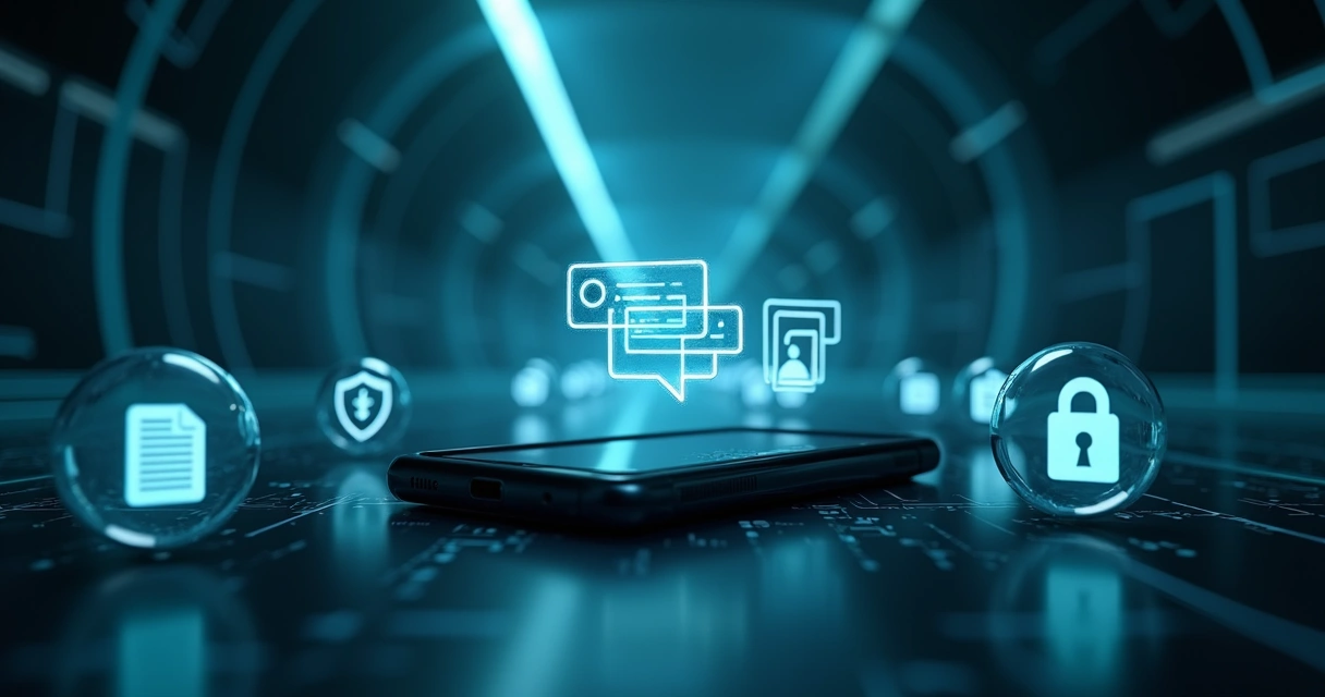 Celular flutuando em túnel digital com bolhas protegendo dados confidenciais 