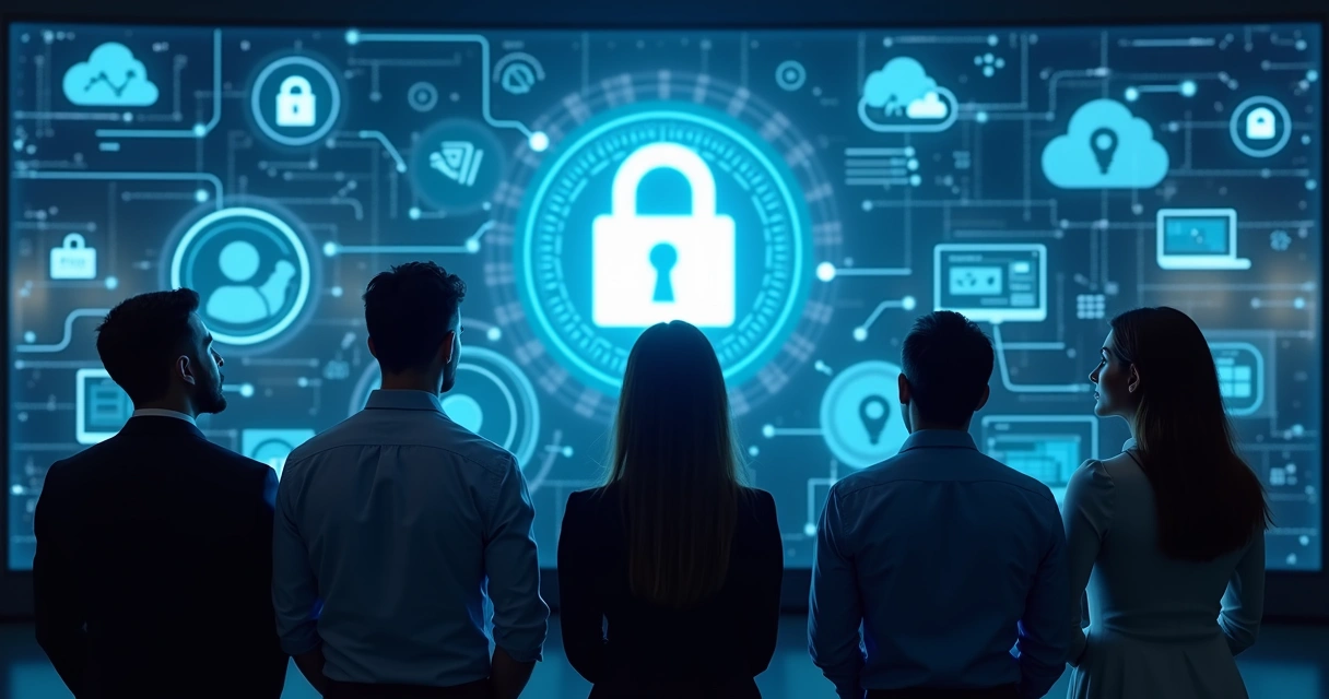 Equipe analisando tela com gráficos de proteção de dados 