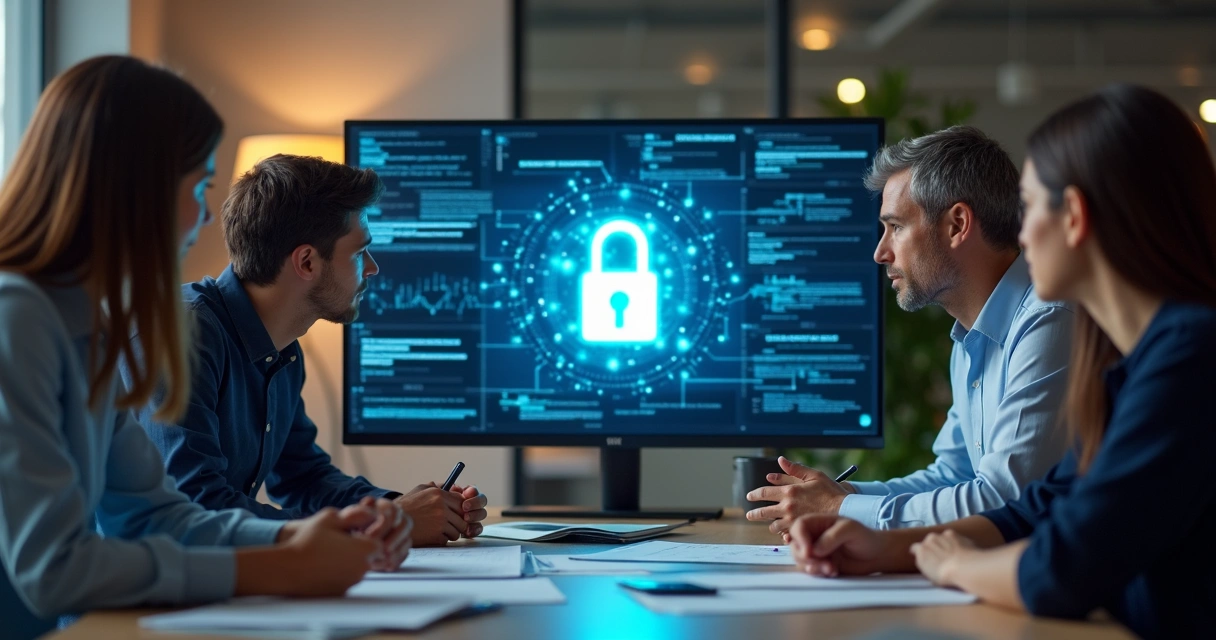 Vários profissionais reunidos em volta de um monitor mostrando símbolo de cadeado digital 