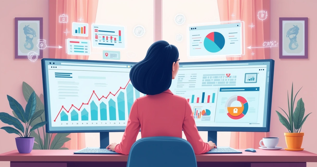 Ilustração de gestor analisando painel de sistema de gestão, dados de clientes protegidos por camadas de segurança 